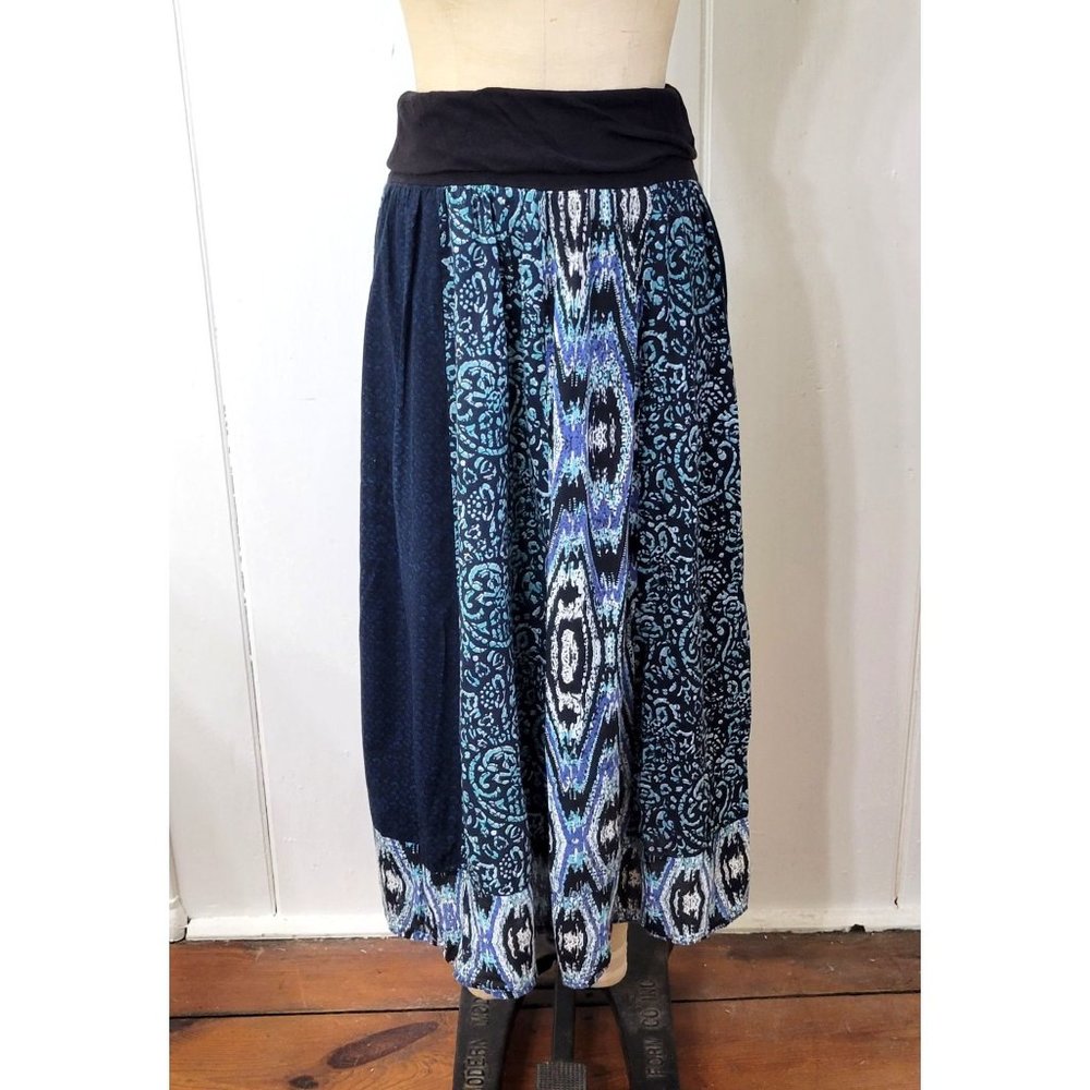 Fire Los Angeles Boho Blue Cotton Printed Patchwork Maxi Skirt - Picture 2 of 6